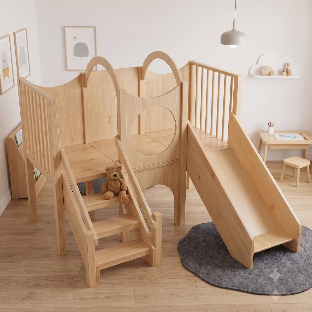 A light, natural Customised Wooden Indoor Climb and Slide Playset for Kids