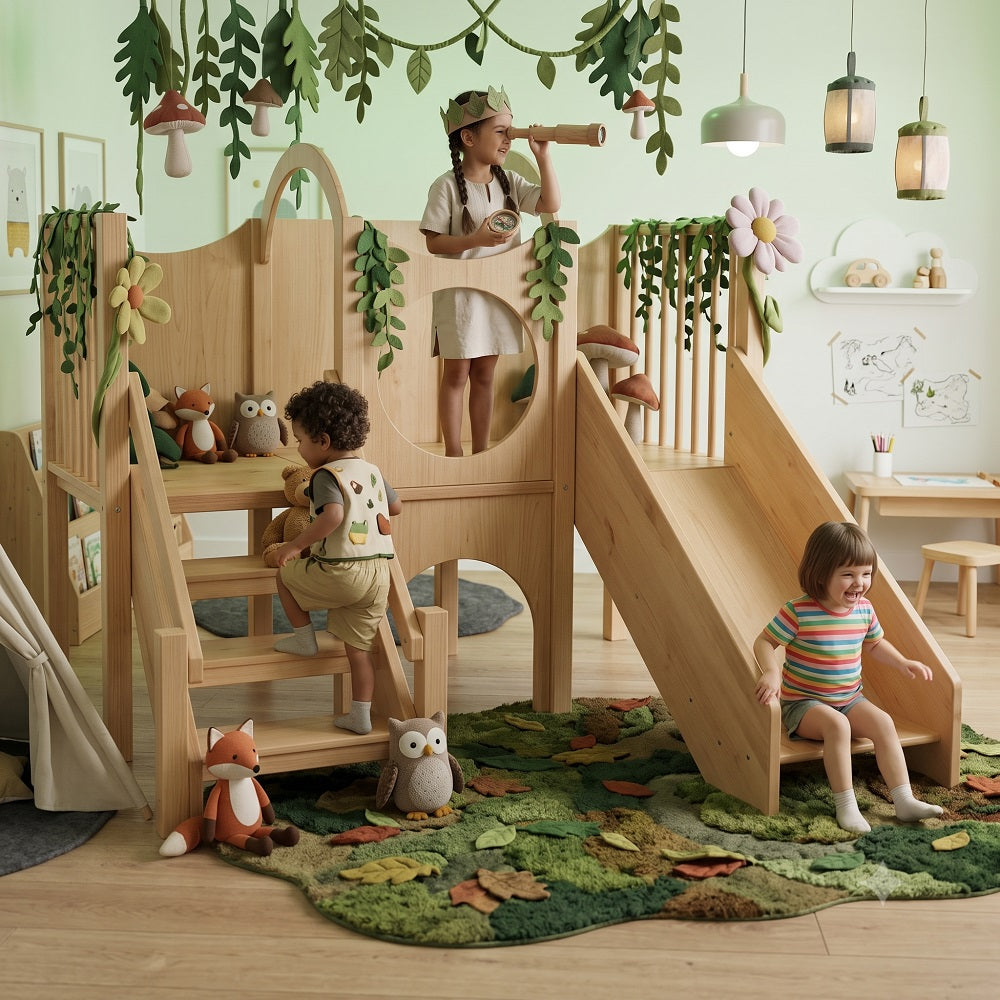 Kids enjoying a customised forest haven Wooden Indoor Climb and Slide Playset for Kids -204 x  870 x 193 cm