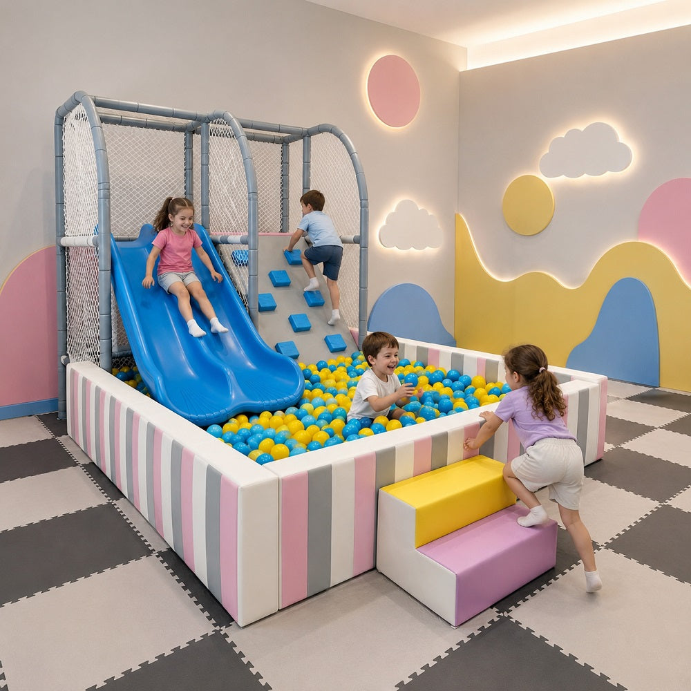A kids' indoor play area with a large ball pit, blue slide, climbing wall, and soft play steps