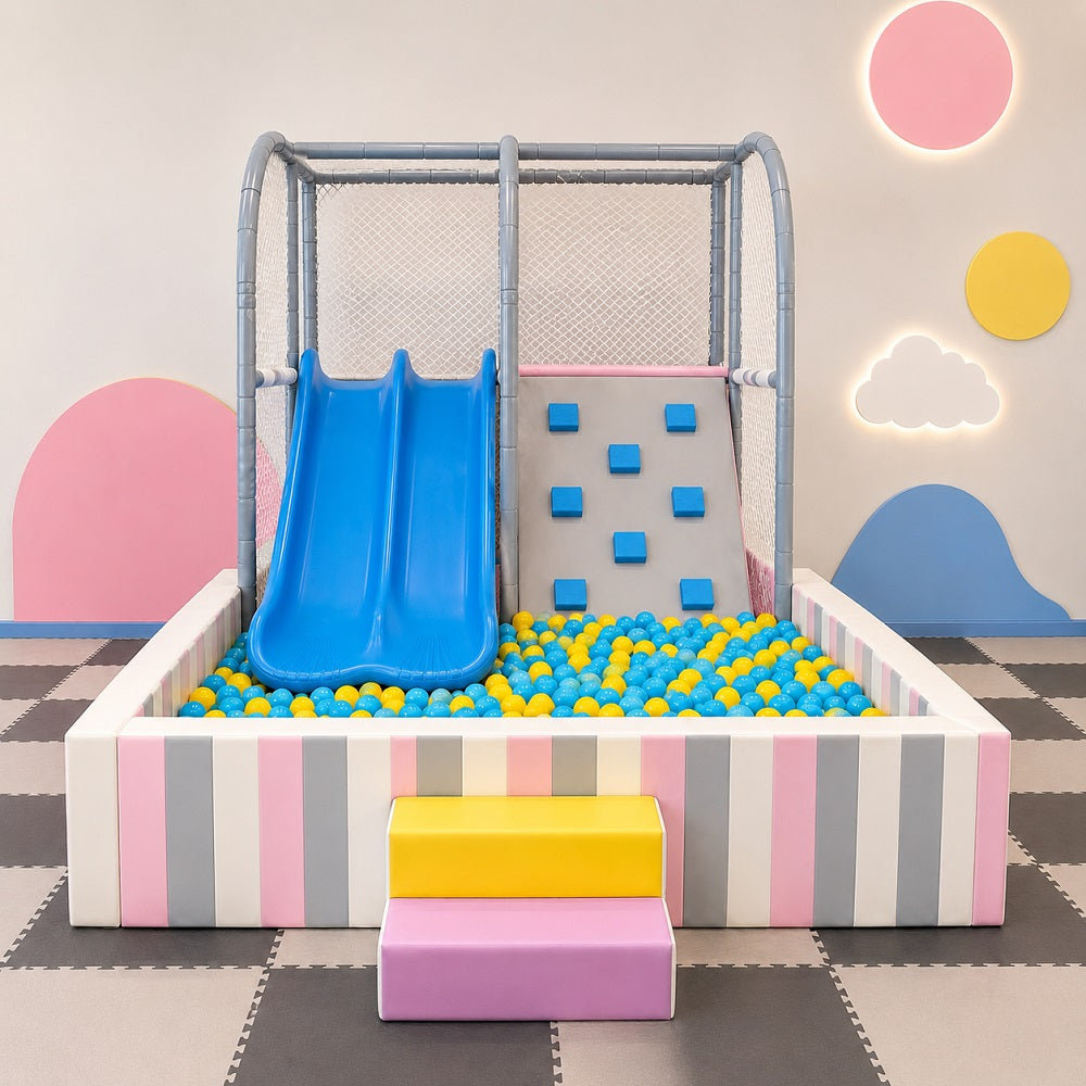 children's soft play  indoor playground ball pit playset with a blue slide, grey climbing wall