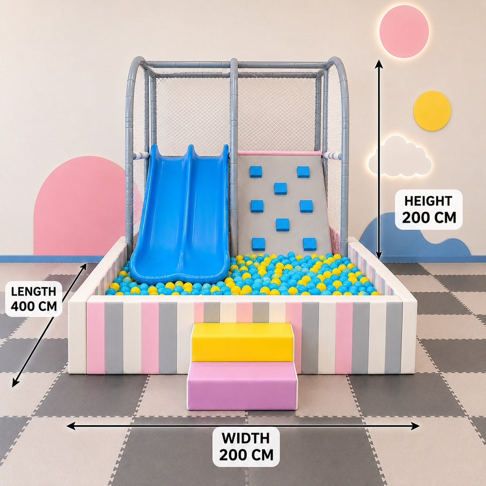 A children's indoor playground ball pit and slide structure with measurements (200 x 400 x 200 CM)