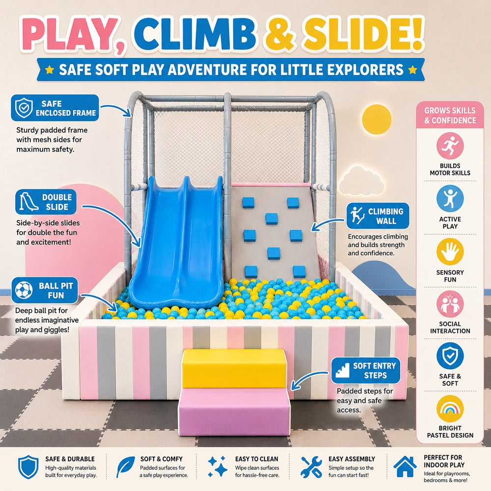 An infographic-style product presentation of a children's indoor play ball pit and climbing wall set for commercial parks and playgrounds