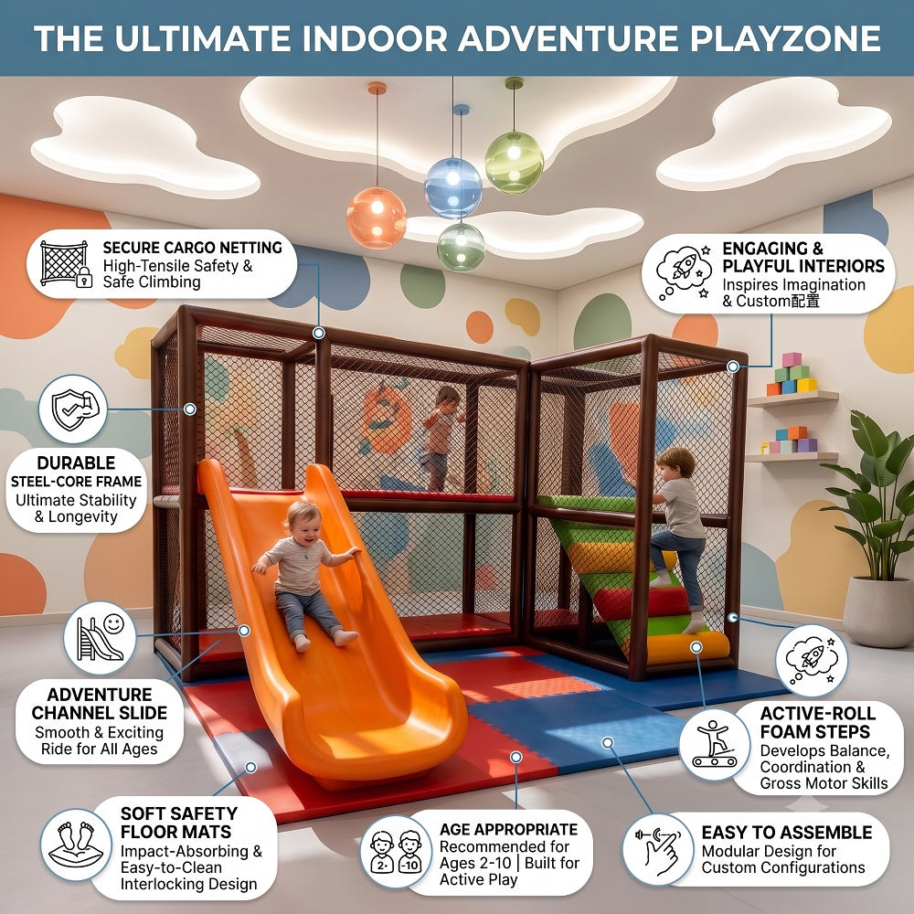 Ultimate Indoor Adventure Playzone with Slide and Soft Play Area for Kids, highlighting features 
