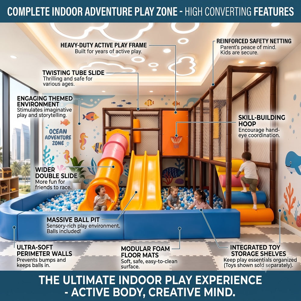 Many callout labels describe features and kids enjoy the Premium Ocean Adventure Indoor Playground with Ball Pit