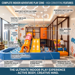 Many callout labels describe features and kids enjoy the Premium Ocean Adventure Indoor Playground with Ball Pit