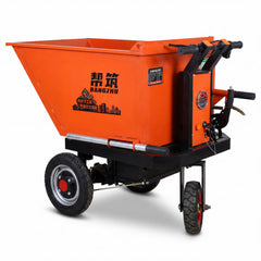 An orange Heavy Duty Electric Wheelbarrow 3 wheels Cart with three wheel design for transporting bricks