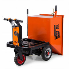 An orange industrial hand truck with a large hopper container for dumping soil