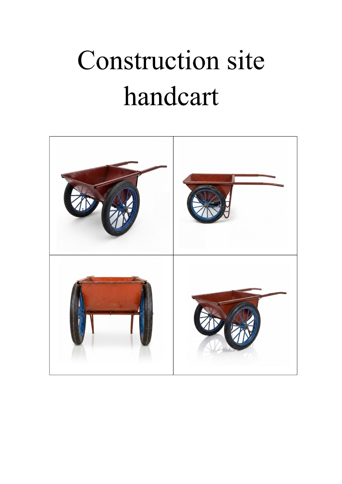 Four views of a wheelbarrow have a reddish-brown frame