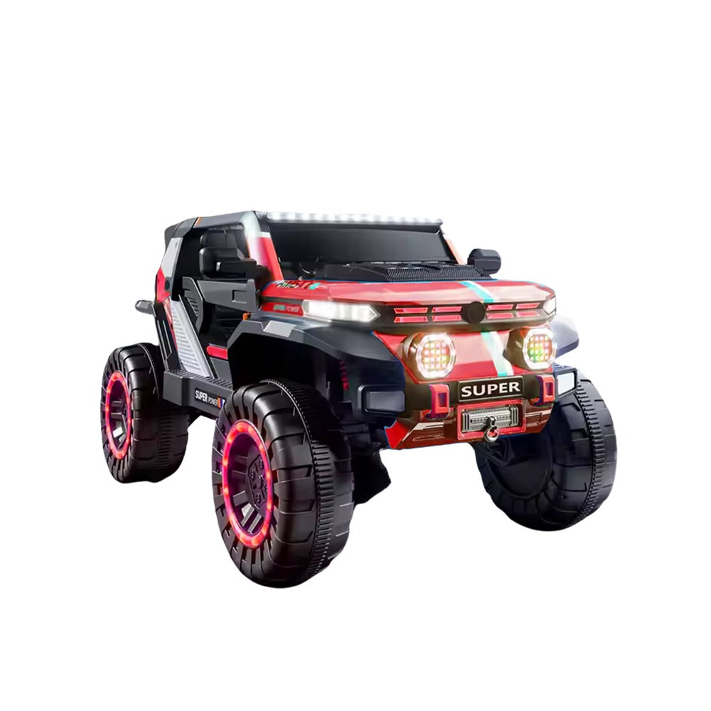 Red toy truck with large wheels on a white background