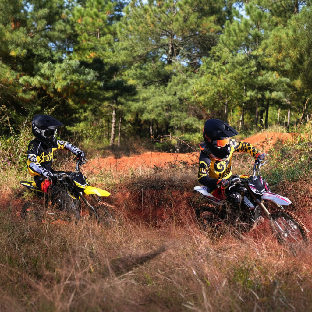 Two dirt bikers in action on a trail with trees