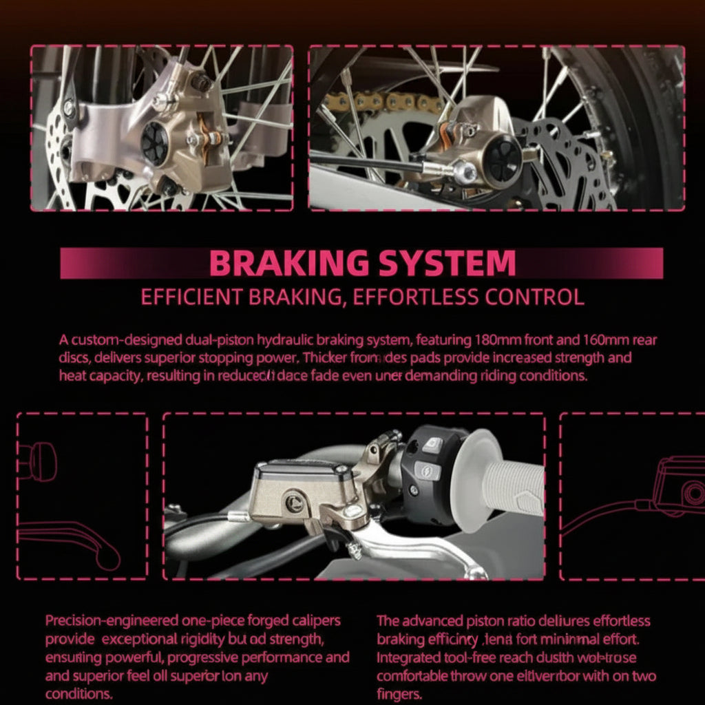 Advertisement for a motorcycle braking system with close-up details and text.