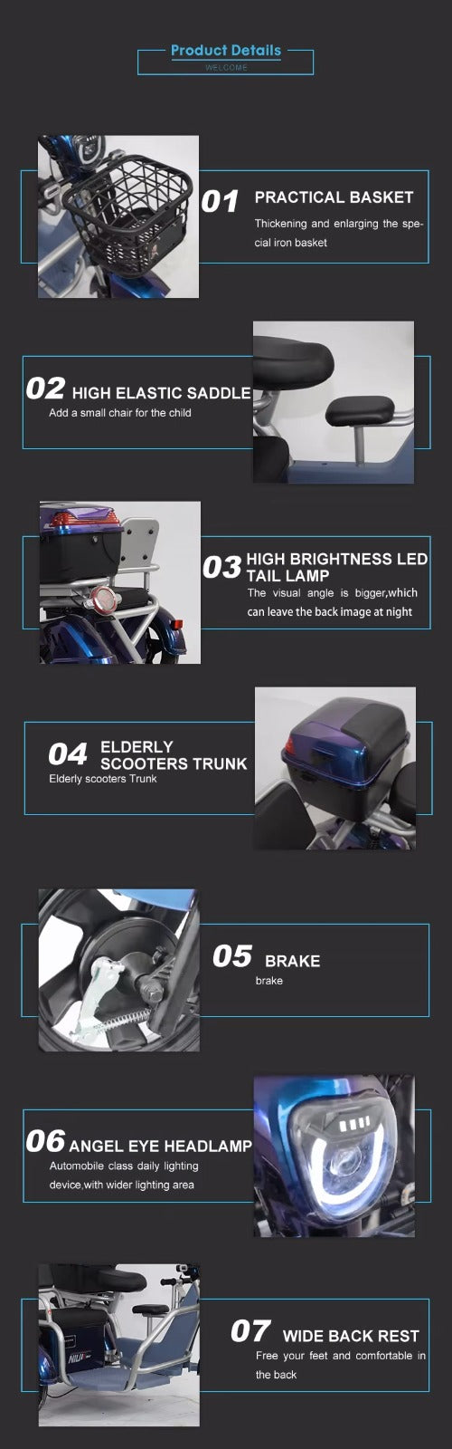 Megawheels Family CozyCab Mobility Tricycle 48 v 3 Seats with Double Basket
