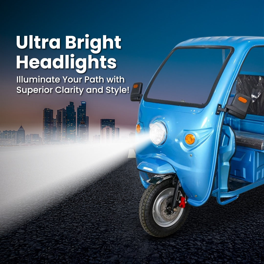 Blue three-wheeled vehicle with ultra bright headlights