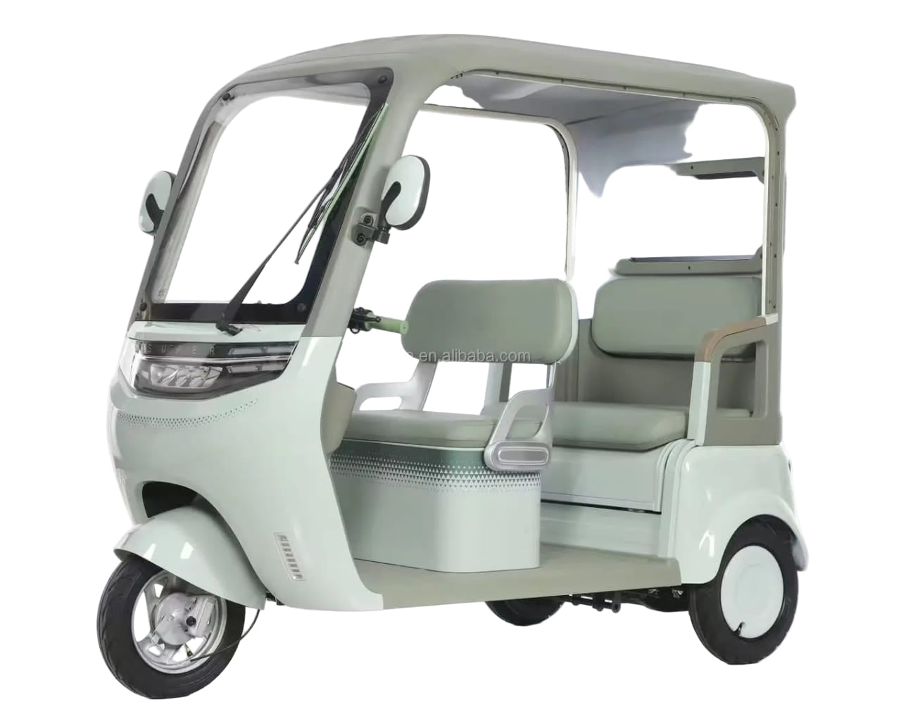 Light green three-wheeled electric tricycle 
vehicle for 3 passengers