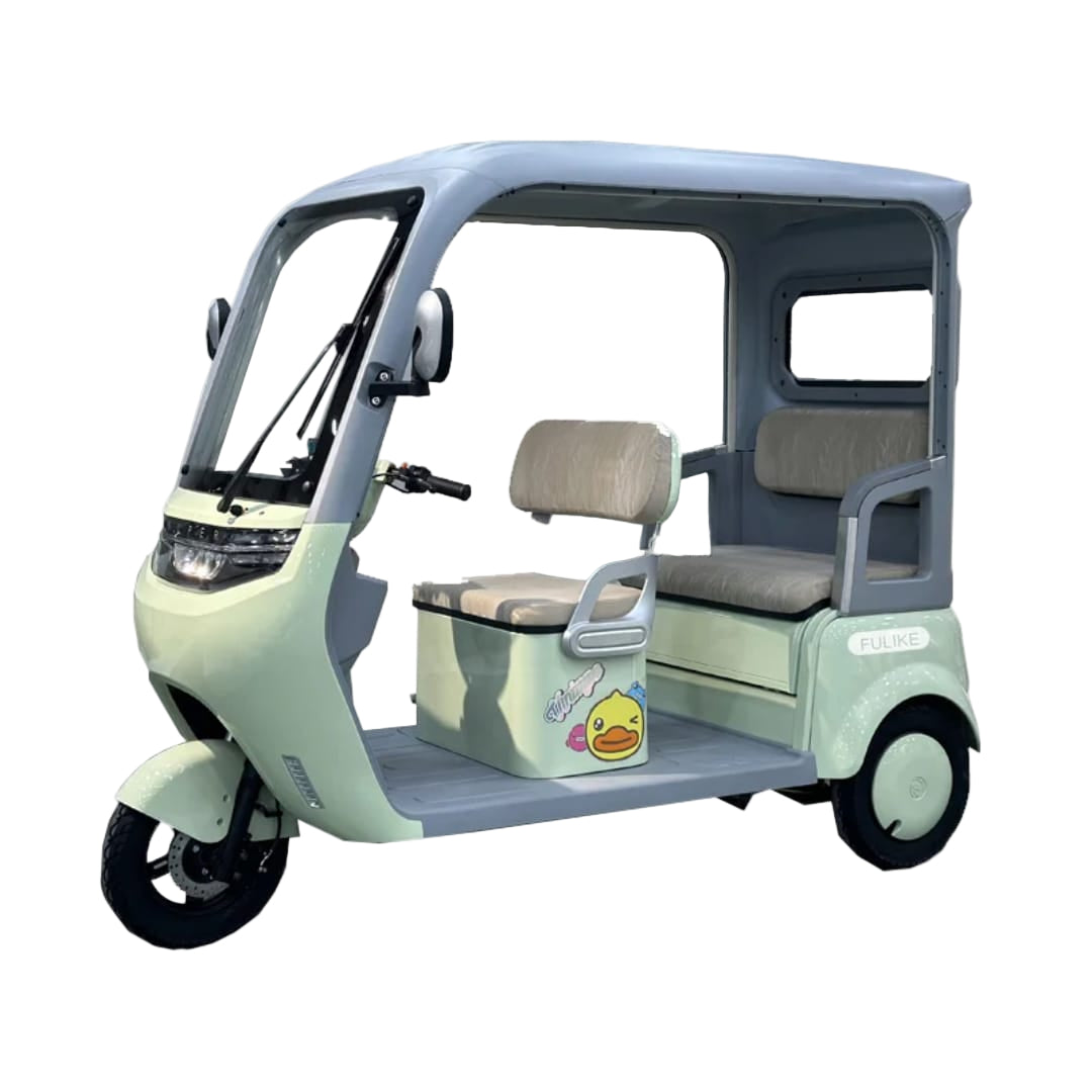 Three-wheeled electric vehicle for 3 passengers with a small seat and storage basket on a white background