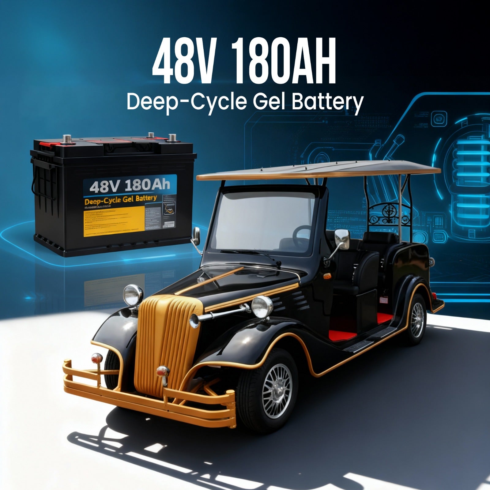 48V 180Ah deep-cycle gel battery with a classic golf cart