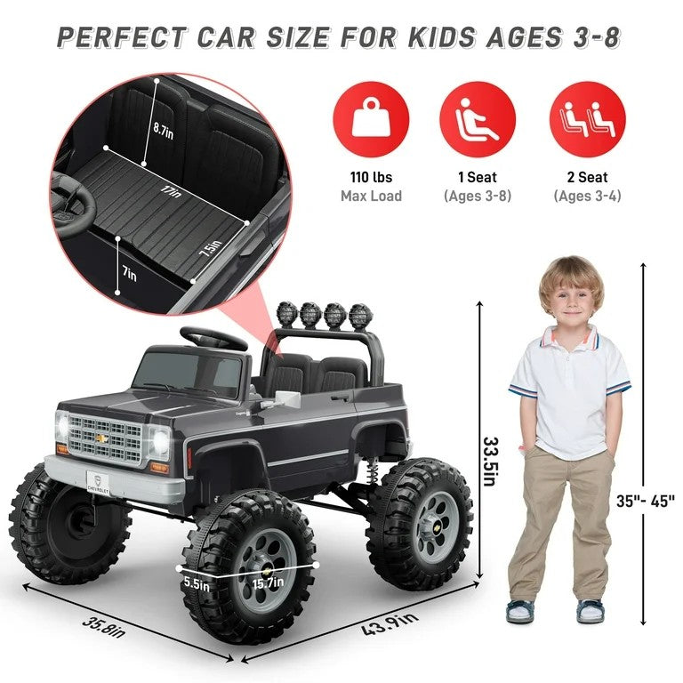 Toy truck with dimensions and features for children ages 3-8, including weight capacity and seating information