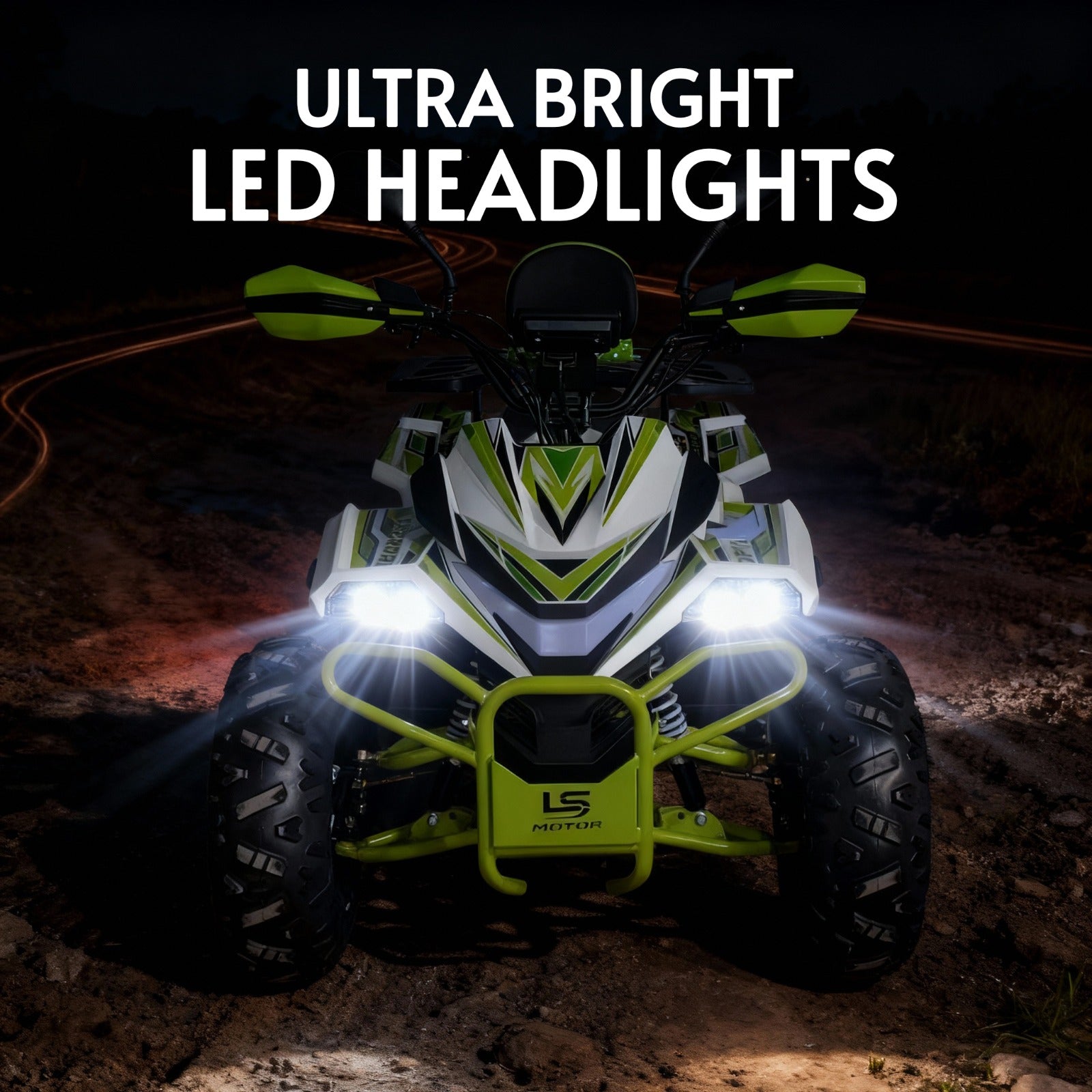Green ATV with ultra-bright LED headlights