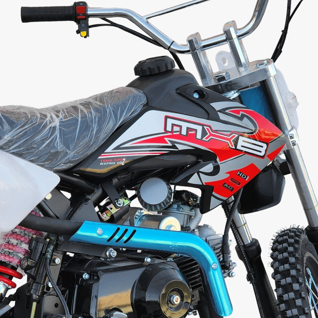 Close-up of a dirt bike with MX Pro 