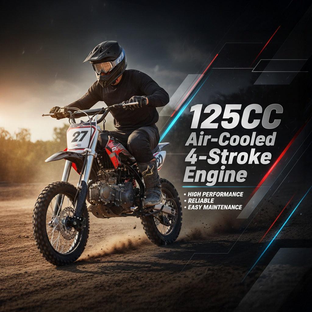 A person riding a 125CC engine dirt bike on a track.