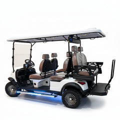 Side View of White golf cart with brown seats