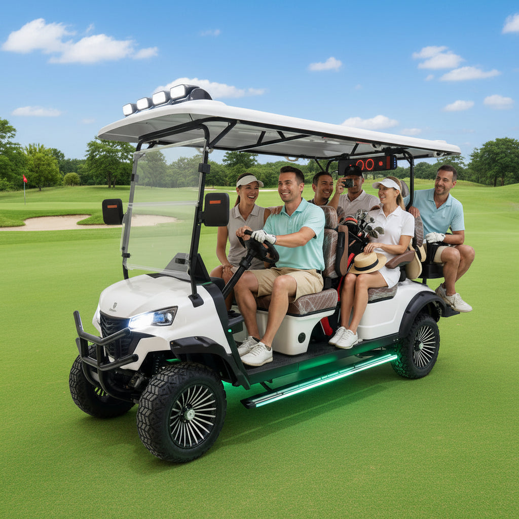 A group of people in a golf cart on a golf course