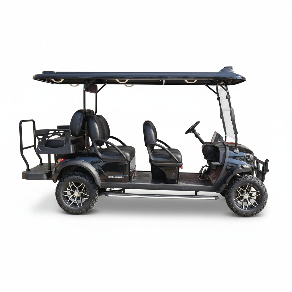Side view of Signature Lifted 6 Seater Golf Cart Front Facing With Mag Wheels