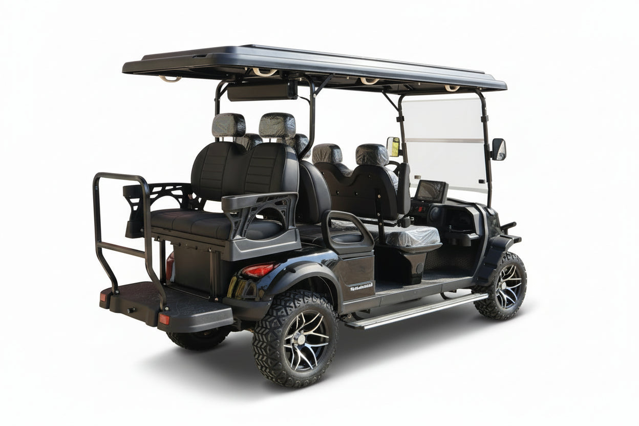 Back of Black Golf cart with multiple seats