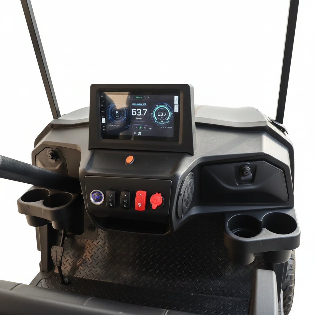 Control panel with digital display and buttons on a Golf Cart