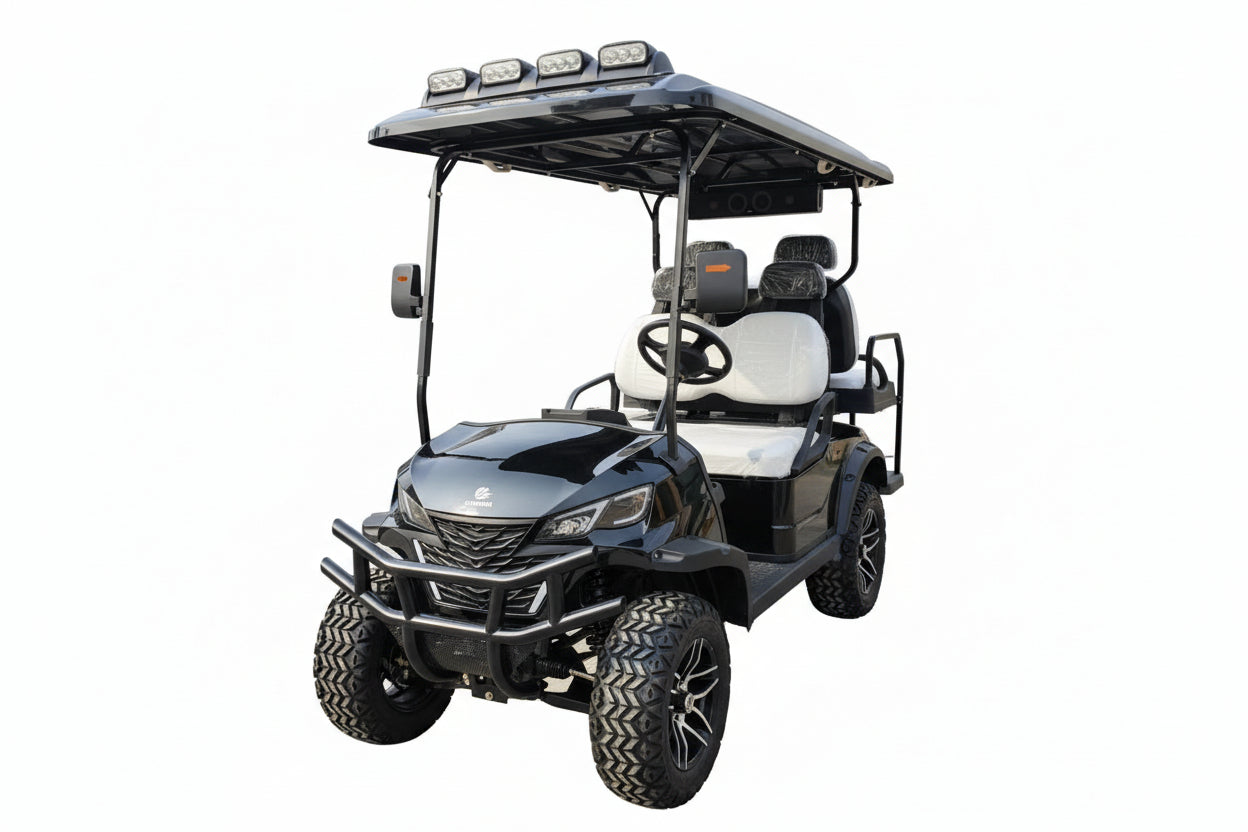 Black golf cart with a canopy