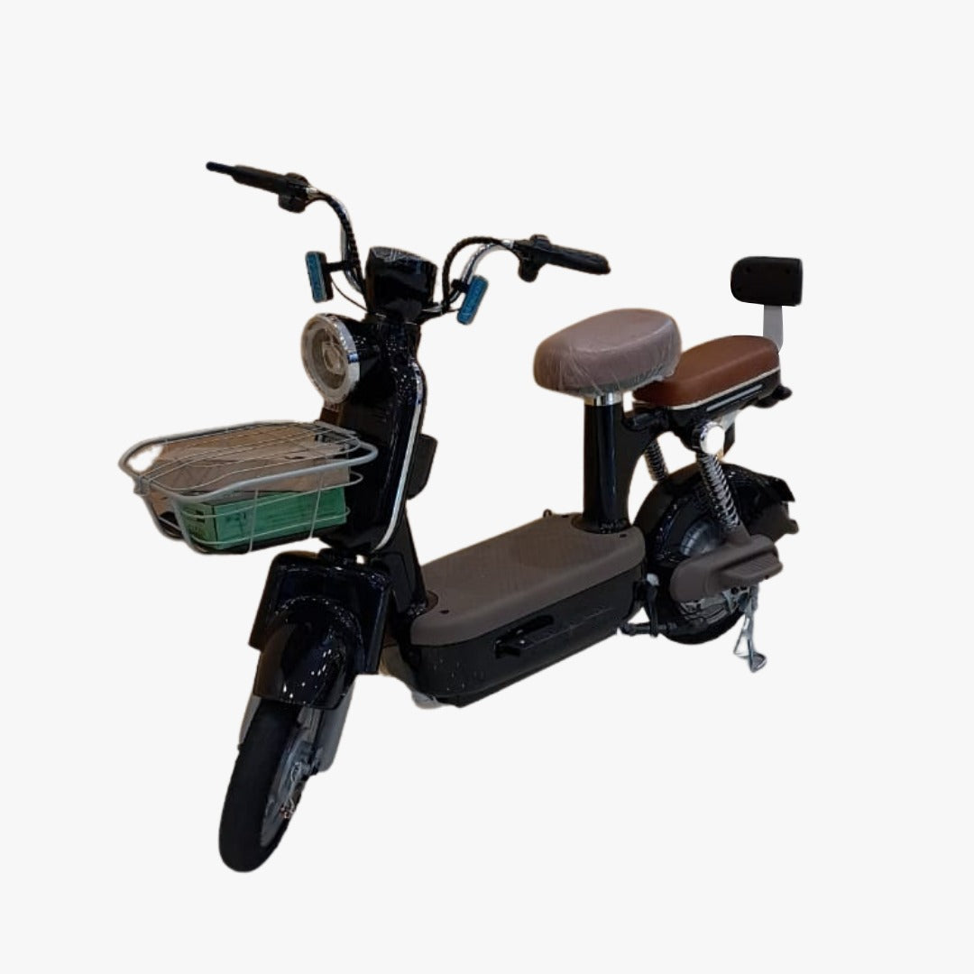 Black electric scooter with a brown seat and basket 