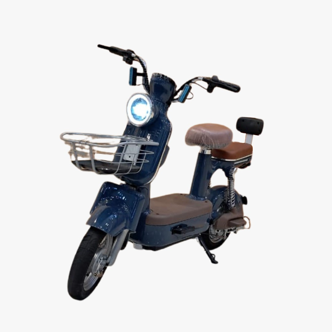 Blue electric scooter with a brown seat 