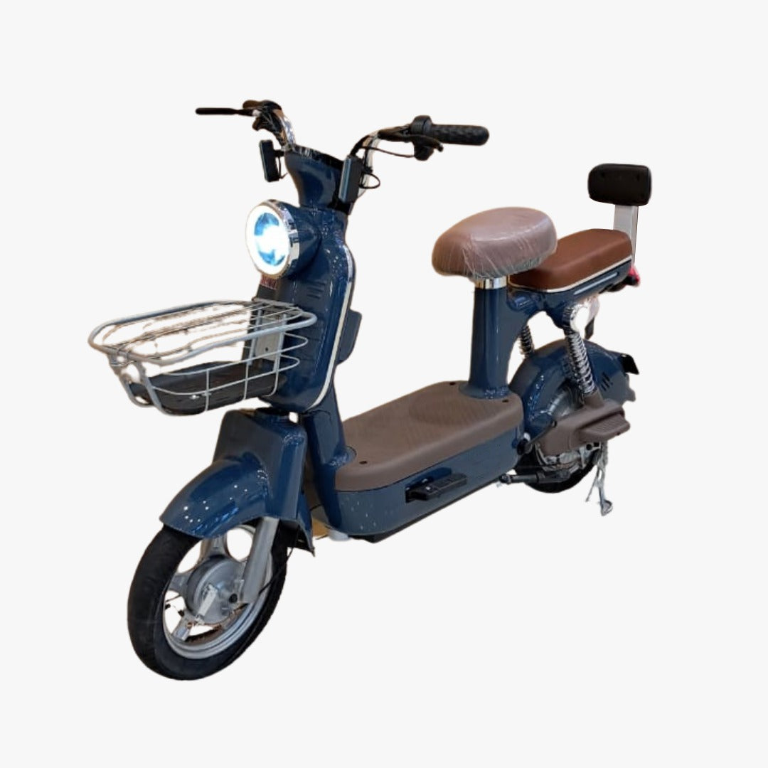 Blue electric scooter with a brown seat
