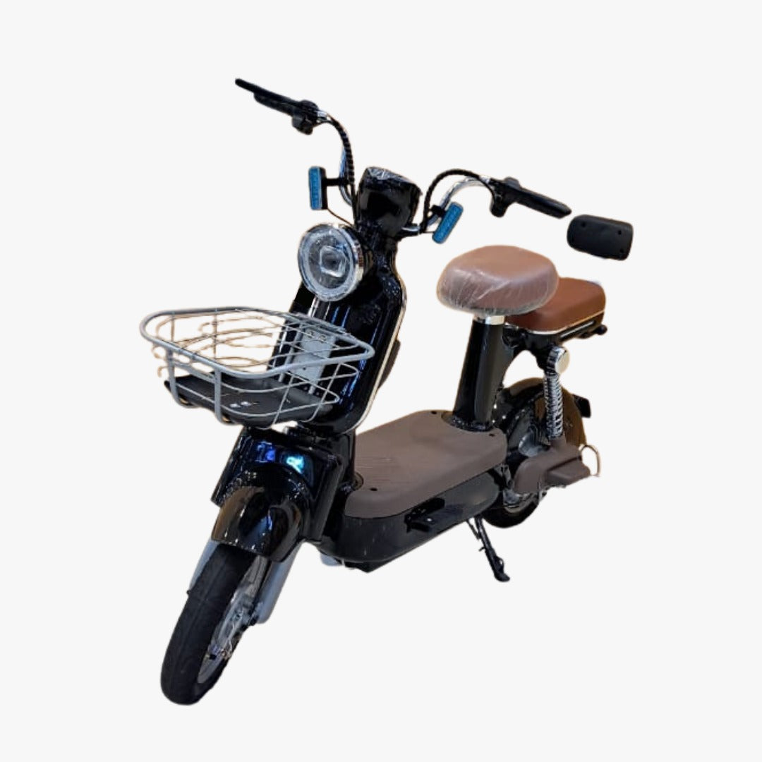 Black electric scooter with a brown seat and Pedal