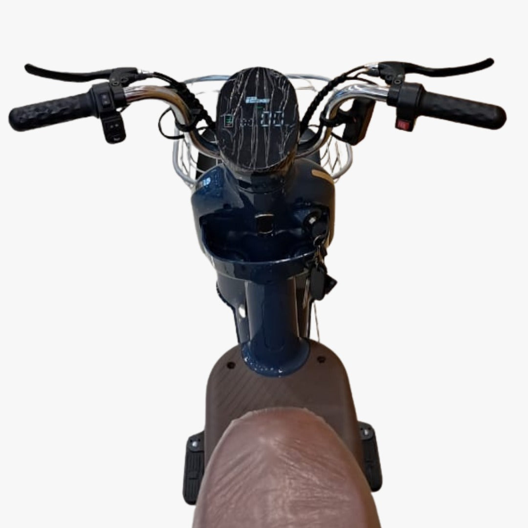 Close-up of a scooter handlebar with control panel 