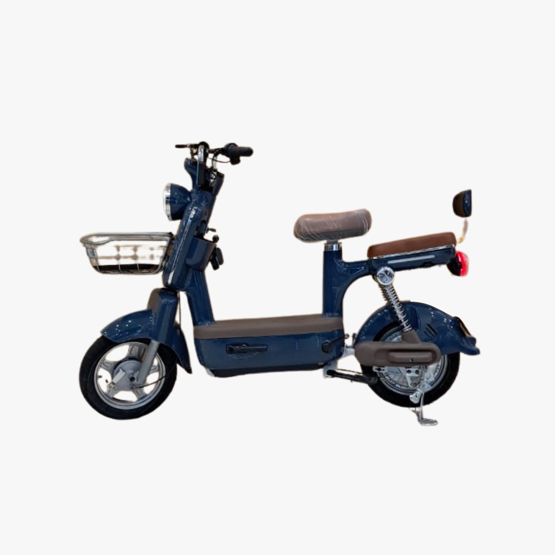Blue electric scooter with a basket