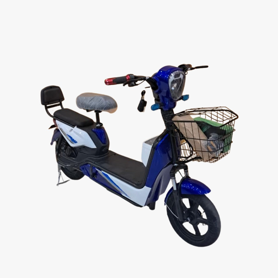 Blue and black electric scooter with a basket 