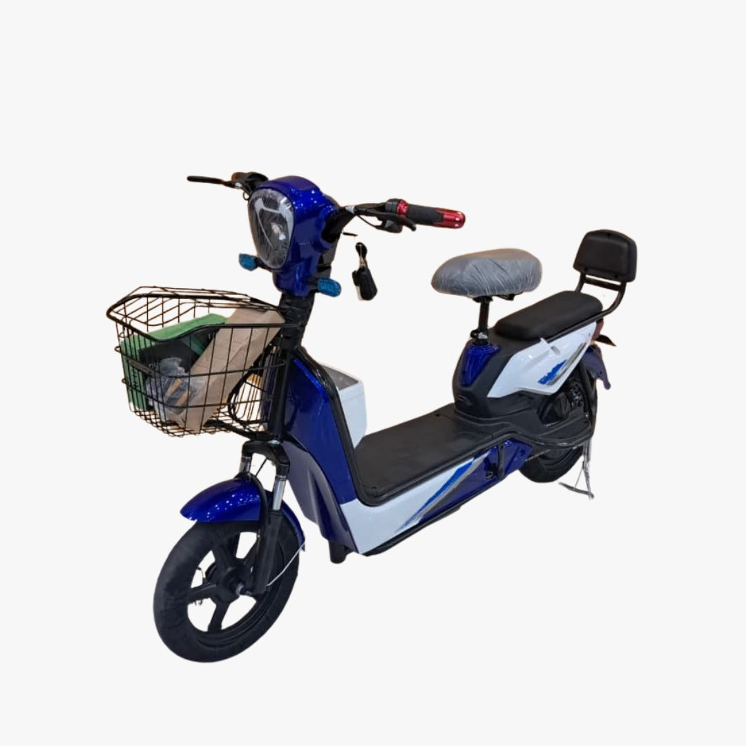 Blue and white electric scooter with a basket