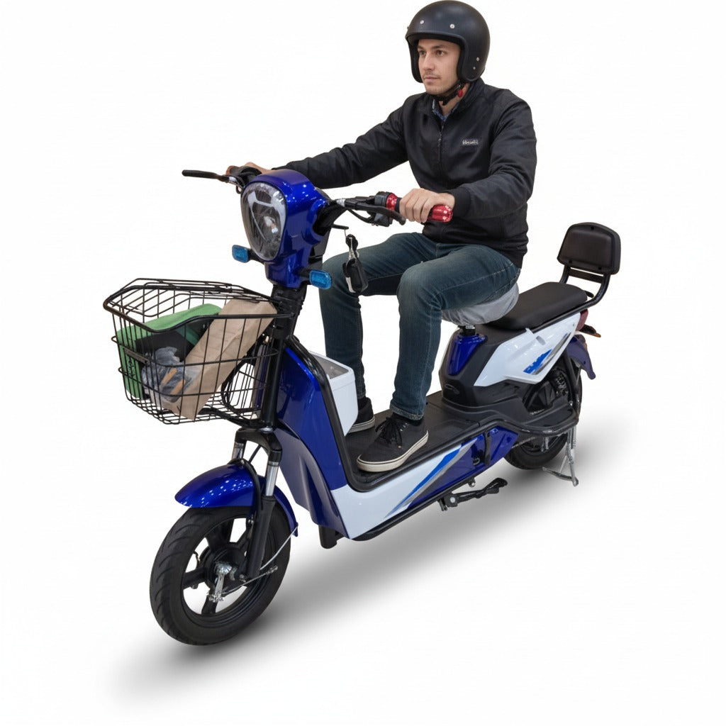 Man riding a blue electric scooter with a basket