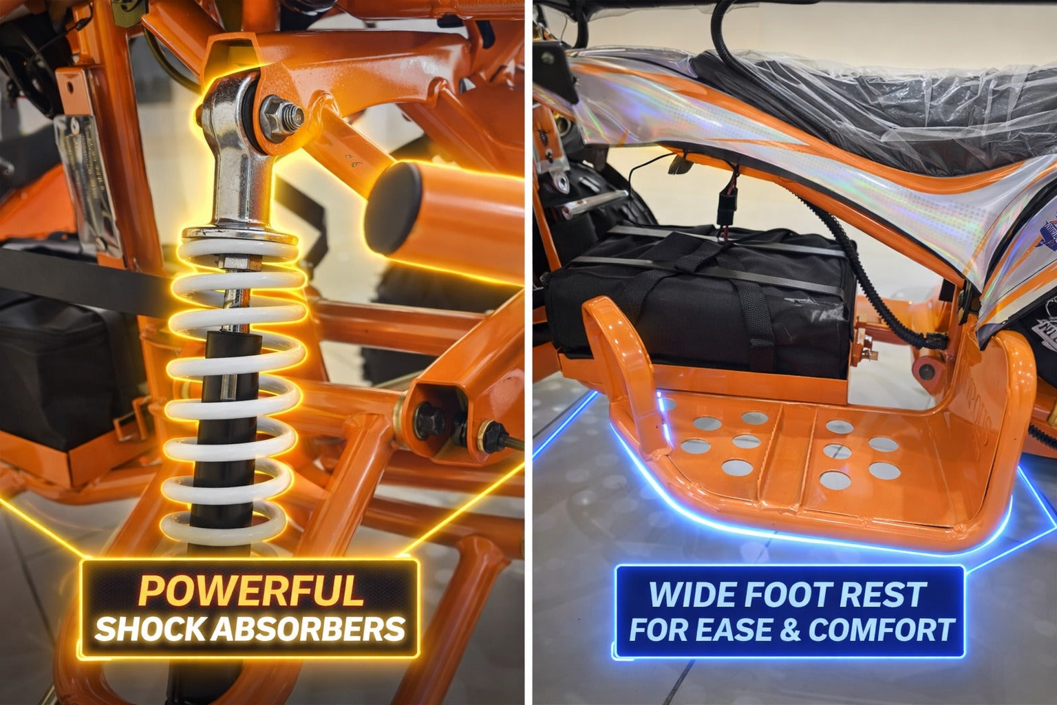Two features of a vehicle highlighted: powerful shock absorbers and wide foot rest for ease and comfort.