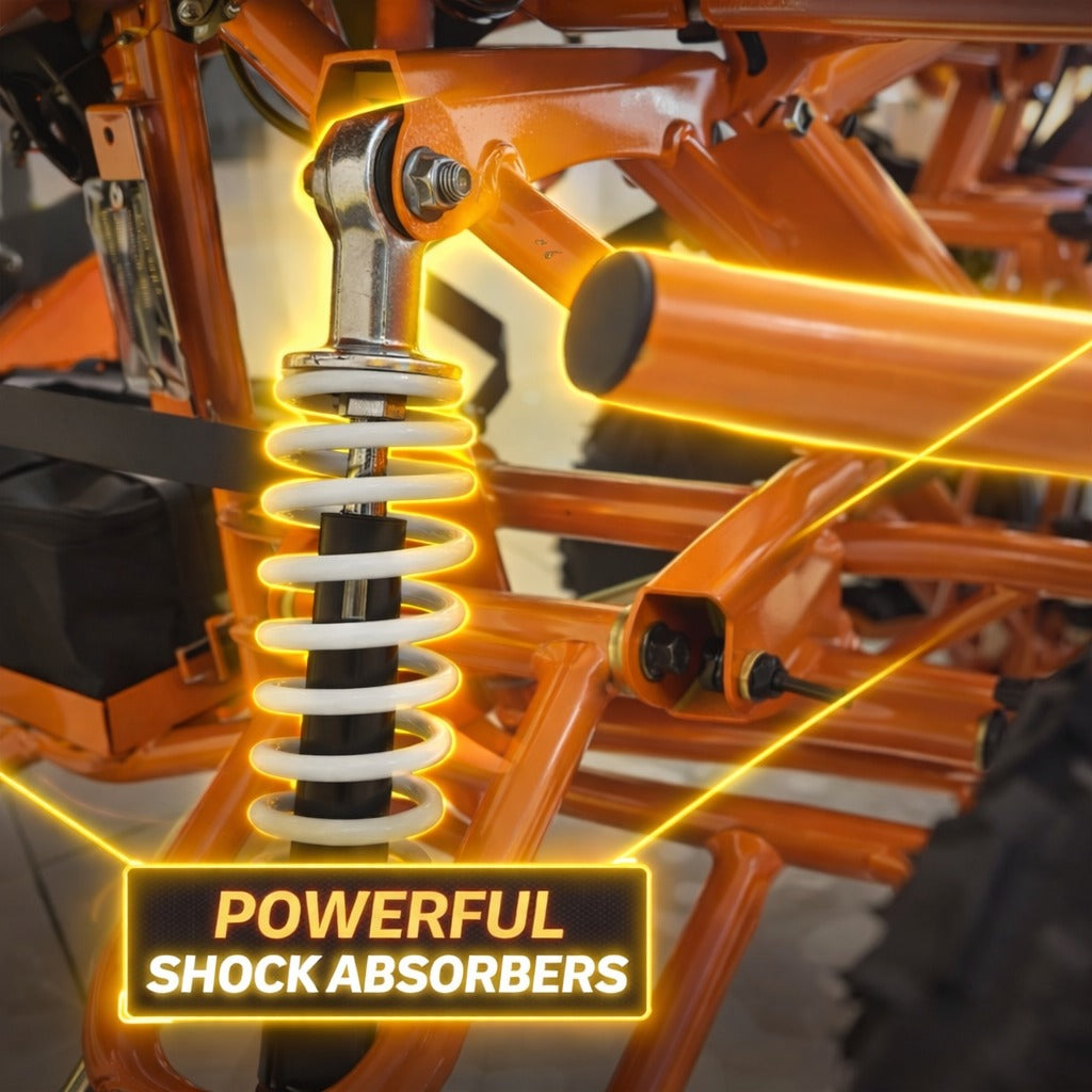 Close-up of a ATV suspension system with 'Powerful Shock Absorbers