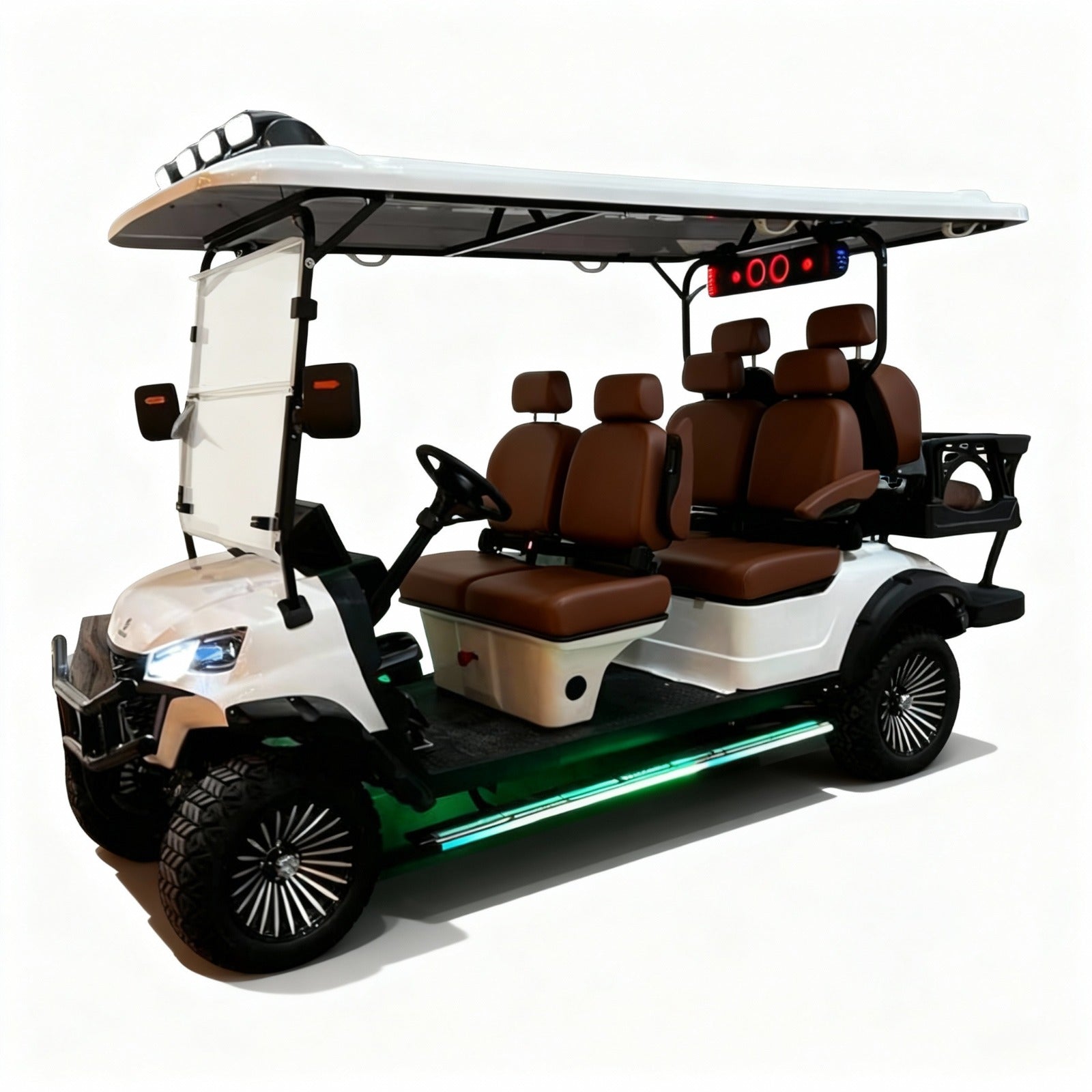 White golf cart with brown 6 seater