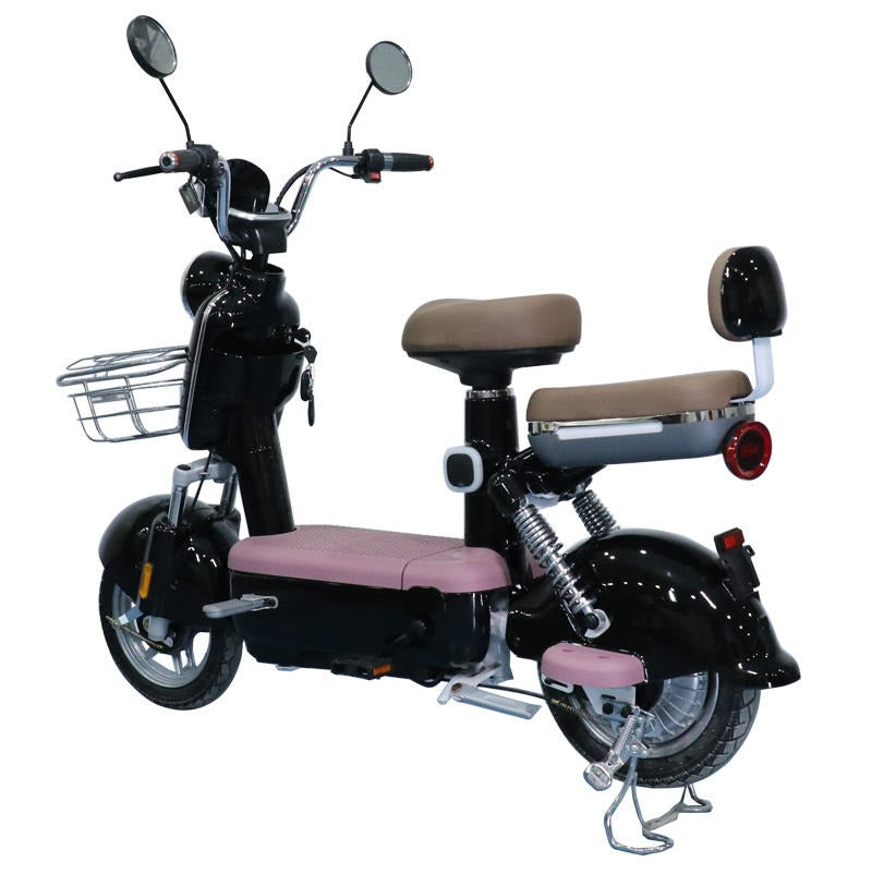 Side View of Black electric scooter with seat and brown cushion