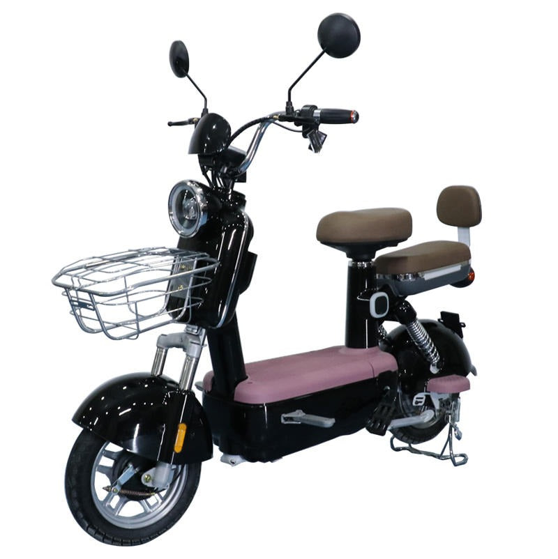 Black electric scooter with a brown seat and basket