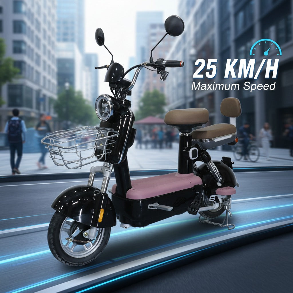 Electric scooter with seat in urban setting, showing maximum speed of 25 KM/H.