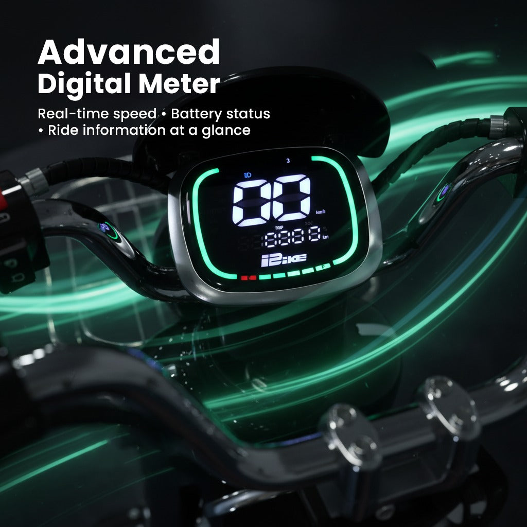 Advanced digital meter on a bike handlebar displaying speed and battery status.