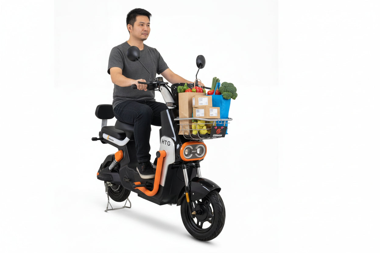 Man riding an electric scooter with a basket of groceries