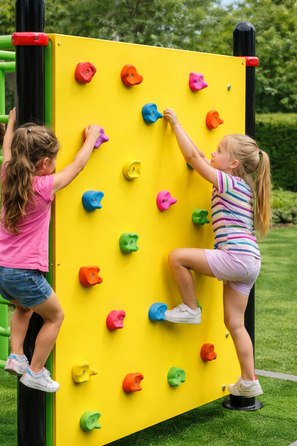 Two children are climbing a colourful climbing wall
