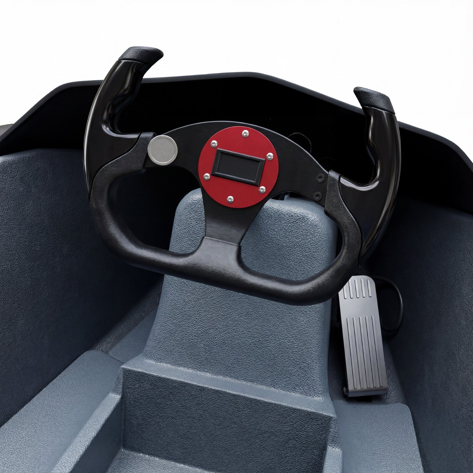 Close-up of a steering wheel and dashboard in a boat interior.