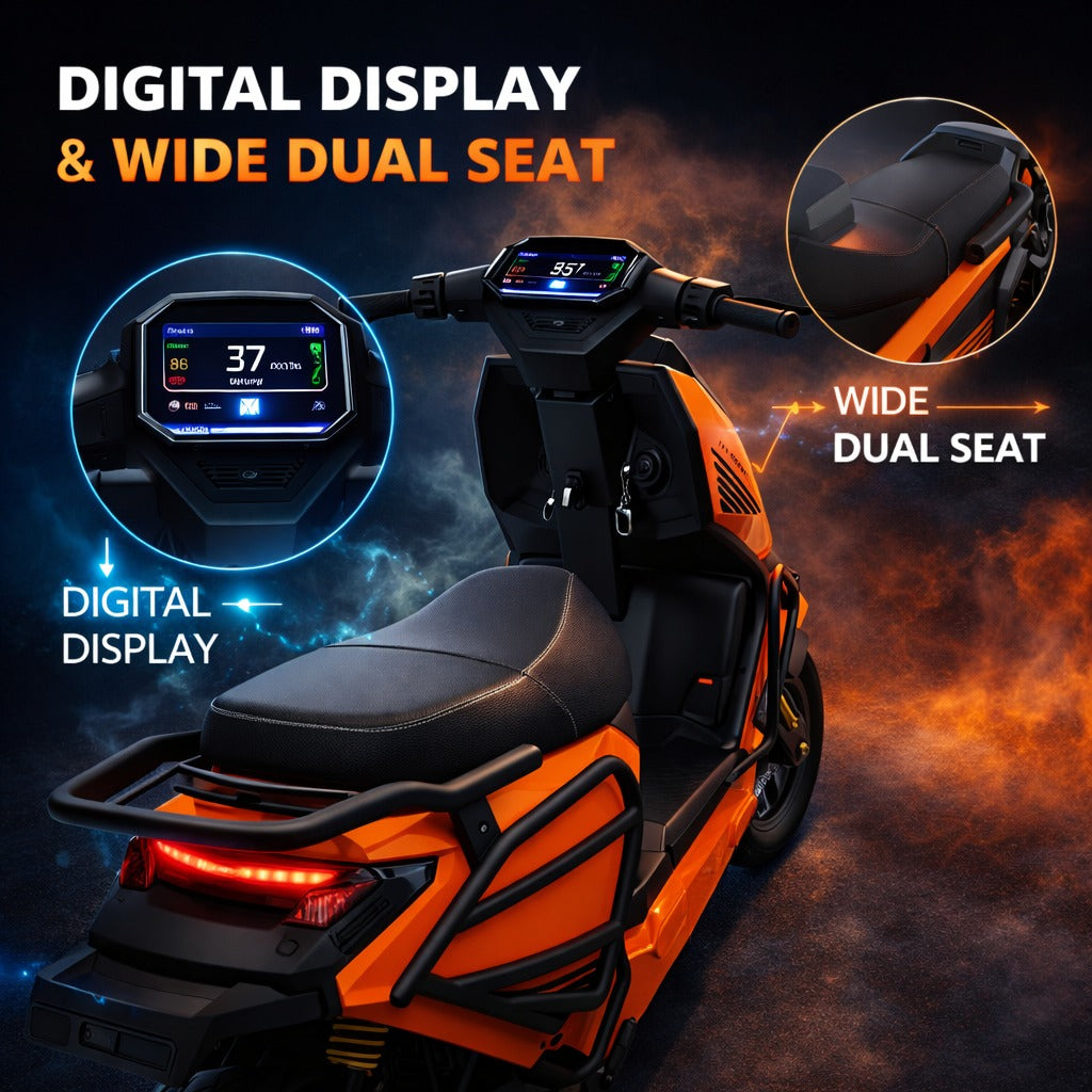 Orange Electric Scooter with digital display and wide dual seat